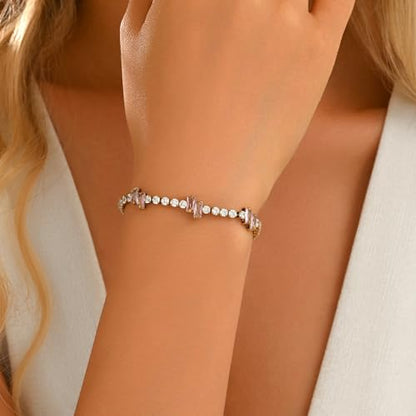 18K Gold Plated Cubic Zirconia Tennis Bracelet for Women Sparkling Stackable Stainless Steel Jewelry Hypoallergenic Tarnish Resistant Bridal Gift - color: Pink Baguette CZ-Gold