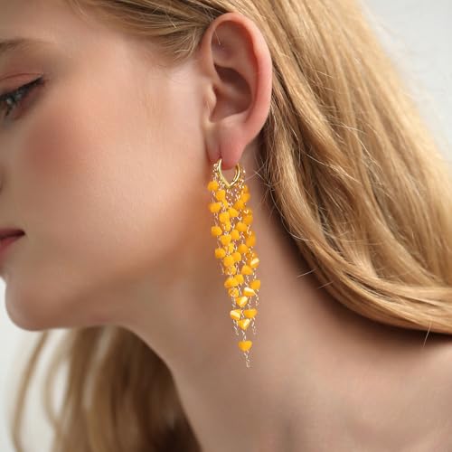 Fringe Hoop Dangle Earrings, Long Beads Tassel Chain Earrings for Women Sparkly Chandelier Earrings - color: Yellow