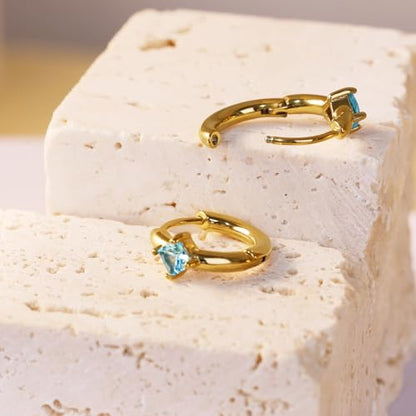 316L Surgical Steel Birthstone Hoop Earrings for Women | Lightweight, 5A Cubic Zirconia, Hypoallergenic, Lead & Nickel Free, 8mm Huggie Hoops - color: 18k gold-plated: 03. March (Aquamarine)
