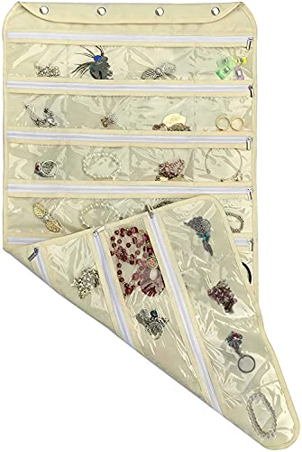 BB Brotrade Hanging Jewelry Organizer,Double Sided Jewelry Storage Organizer,80 Zipper Clear PVC Pockets for Holding Necklaces, Bracelets, Rings, Earrings - color: Beige-3