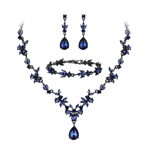 BriLove Wedding Jewelry Set for Women,Gorgeous Crystal Bridal Accessories | Y-Necklace Tennis Bracelet Dangle Earrings Set,Shiny Teardrop Marquise Cluster,Prom Party Jewelry,for Bride Bridesmaid - color: 10-Sapphire Color Gold-Tone