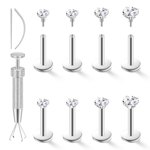 4 Pairs 16G 18G Flat Back Stud Earrings, Hypoallergenic Surgical Steel Set | CZ 2-5mm, internal thread design for nose and tragus piercings use, includes ball grabber tool for easy jewelry changes - color: 18G CZ 2/2/2.5/3mm Silver