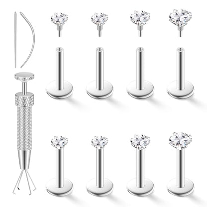 4 Pairs 16G 18G Flat Back Stud Earrings, Hypoallergenic Surgical Steel Set | CZ 2-5mm, internal thread design for nose and tragus piercings use, includes ball grabber tool for easy jewelry changes - color: 16G CZ 2/2/2.5/3mm Silver