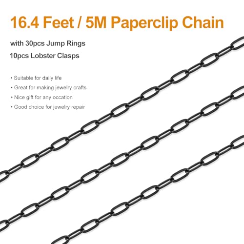 5 Meters Stainless Steel Chain for Jewelry Making Small Paperclip Links | Black Paper Clip Chains Bulk on Roll with Jewelry Connectors for Necklace Bracelet Crafts DIY - color: black paperclip