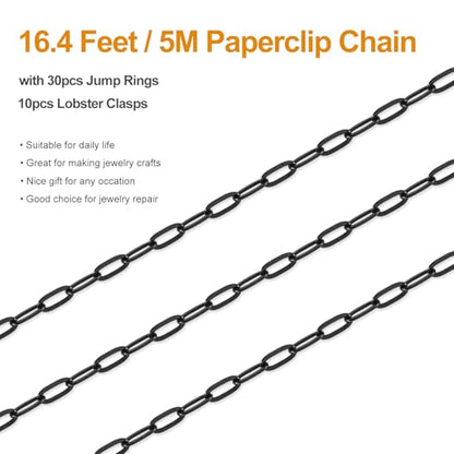 5 Meters Stainless Steel Chain for Jewelry Making Small Paperclip Links | Black Paper Clip Chains Bulk on Roll with Jewelry Connectors for Necklace Bracelet Crafts DIY - color: black paperclip