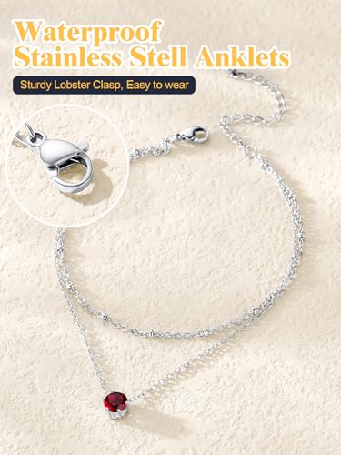 U7 Silver Ankle Bracelet for Women, Waterproof Layered Ankle Round Gem Birthstone Anklets, Summer Beach Foot Jewelry, Adjustable 8.5"-10.5" - color: 01.January-Garnet Red