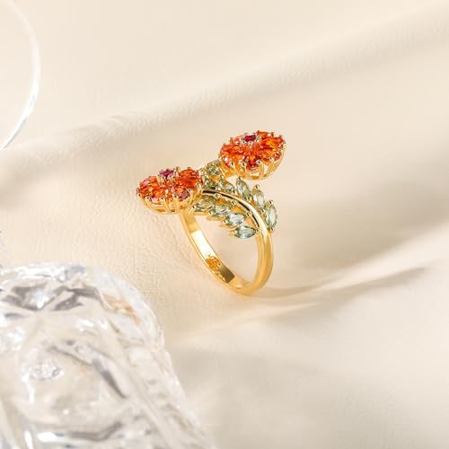 Statement Flower Ring Cocktail Leaf Ring Birthstone Anniversary Signet Ring | Hypoallergenic|14K Gold Plated|Sterling Silver Sparkling Engagement Promise Party Ring for Women, Size 6 to 10(With Box) - color: Flower - Garnet