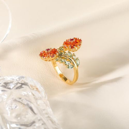 Statement Flower Ring Cocktail Leaf Ring Birthstone Anniversary Signet Ring | Hypoallergenic|14K Gold Plated|Sterling Silver Sparkling Engagement Promise Party Ring for Women, Size 6 to 10(With Box) - color: Flower - Garnet