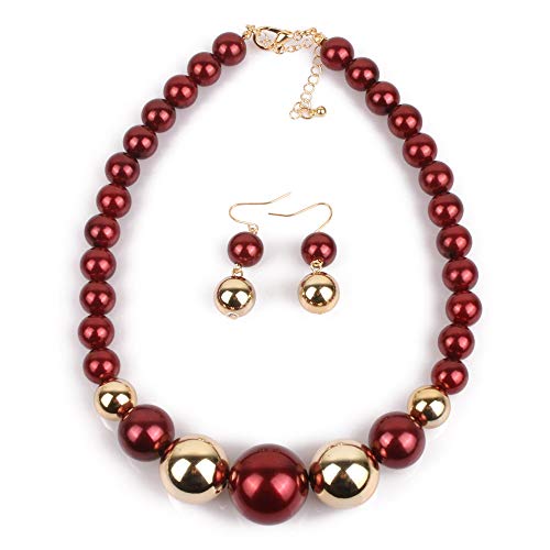 Fuqimanman2020 Chunky Large Simulated Pearl Choker Necklace Drop Dangle Earrings Crystal Bib Big Round Beaded Strand Multicolor Costume Statement Wedding Jewelry Set for Women Brides - color: Wine Red B
