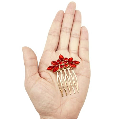 Bridal Crystal Hair Piece with Comb 3 Pieces Small Rhinestone Wedding Gold Hair Pins Accessories for Women Girls (Red) - color: Red