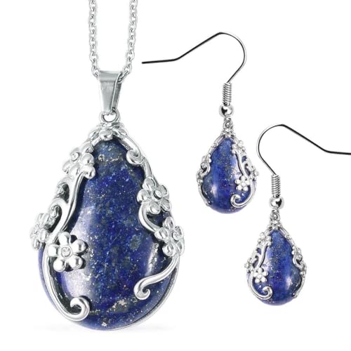 SHOP LC DELIVERING JOY Jewelry Set for Women - Floral Gemstone Necklace & Earring Sets - Lapis Lazuli, Black Onyx & Dendritic Pendant Necklaces & Dangle Earrings - 20" Necklace Length Gifts for Women - color: Blue
