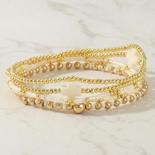Gold Beaded Bracelets Stack for Women Stackable 14K Gold Plated Beads Ball Cross Bracelet Boho Christian Jewelry Faith Friendship Birthday Gifts for Women - color: White