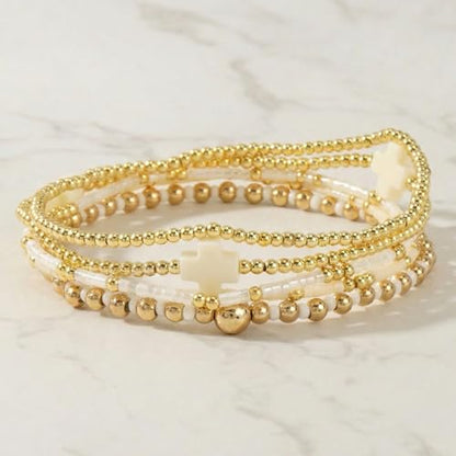 Gold Beaded Bracelets Stack for Women Stackable 14K Gold Plated Beads Ball Cross Bracelet Boho Christian Jewelry Faith Friendship Birthday Gifts for Women - color: White