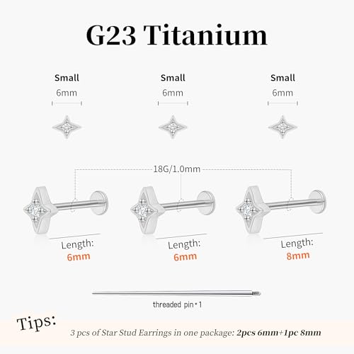 Flat Back Stud Cartilage Earrings Tragus Helix Piercing Jewelry Titanium | Conch Nose Piercing,Small Tiny Studs for Women,Threadless/Internally Threaded,Surgical Steel,Hypoallergenic,16G/18G/20G - color: Silver01-Star (6mm*2+8mm*1), size: Internally Threa