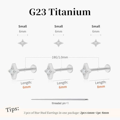 Flat Back Stud Cartilage Earrings Tragus Helix Piercing Jewelry Titanium | Conch Nose Piercing,Small Tiny Studs for Women,Threadless/Internally Threaded,Surgical Steel,Hypoallergenic,16G/18G/20G - color: Silver01-Star (6mm*2+8mm*1), size: Internally Threa