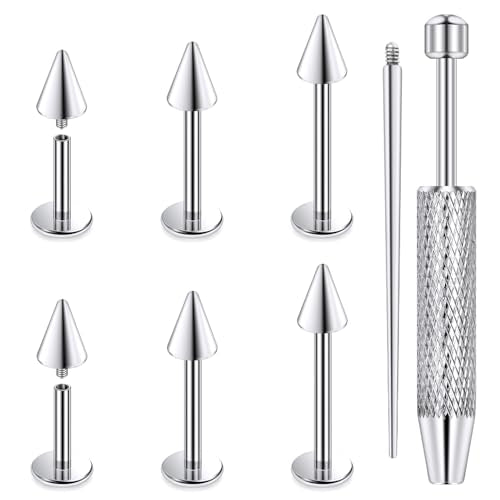 Internally Threaded Labret Studs 18G 16G 14G Surgical Steel Lip Piercing Jewelry with Claw Tool Monroe Snake Bite Jewelry Flat Back Barbell for Women Men Plus Piercing Ball Grabber Tool - color: silvertone, size: 14g,spike end
