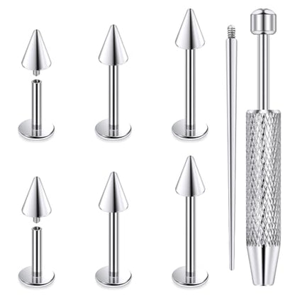 Internally Threaded Labret Studs 18G 16G 14G Surgical Steel Lip Piercing Jewelry with Claw Tool Monroe Snake Bite Jewelry Flat Back Barbell for Women Men Plus Piercing Ball Grabber Tool - color: silvertone, size: 14g,spike end