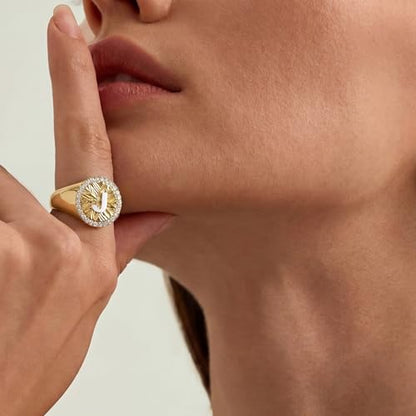 KissYan 14K Gold Plated Initial Ring for Women | Adjustable CZ Halo Letter Signet Ring, Personalized Monogram Statement Jewelry Gift, Tarnish Resistant - style: Letter S