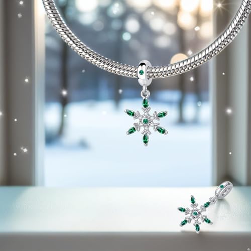 Snowflake Dangle Charm Birthstone Bead Compatible with Pandora Bracelet Women Christmas Gift - color: Green