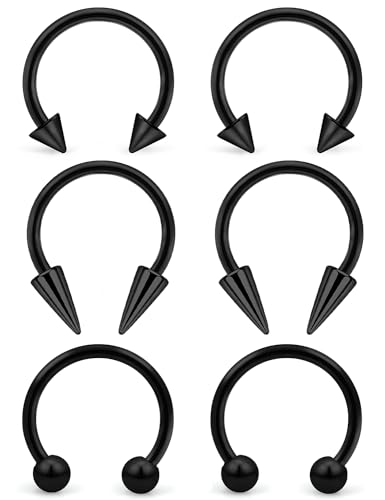 6Pcs Septum Rings 16G Surgical Steel Snake Bite Jewelry Long Spike Horseshoe Lip Rings Smiley Piercing Jewelry for Women Men 8mm 10mm - color: 16g,Diameter:10mm,black