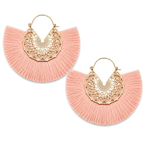 Tassel Hoop Earring Statement Thread Dangle Earrings Stylish Long Fringe Drop Earrings Lightweight Long Swingy French Hook Earrings for Women - color: A Pink