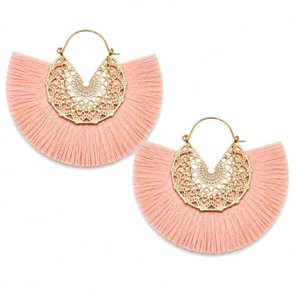 Tassel Hoop Earring Statement Thread Dangle Earrings Stylish Long Fringe Drop Earrings Lightweight Long Swingy French Hook Earrings for Women - color: A Pink