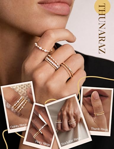 THUNARAZ Gold Rings for Women Non Tarnish Dainty Stackable Thumb Ring Set | 14K Gold Plated Ring Size 5-10, Stacking Rings for Women, Waterproof Chain Ring for Women, Engagement Promise Wedding Rings