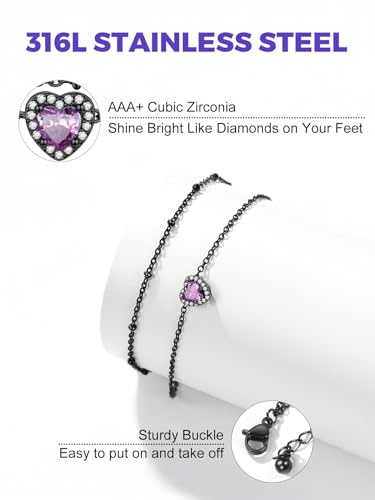 Richsteel Double Layer Heart/Butterfly Birthstone Anklet for Women | Non Tarnish Waterproof, Silver/Gold/Black Stainless Steel 8.5-10.5 Inch Adjustable Chain Anklets Summer Beach Foot Jewelry - color: Black Heart-06 Jun.(Alexandrite)