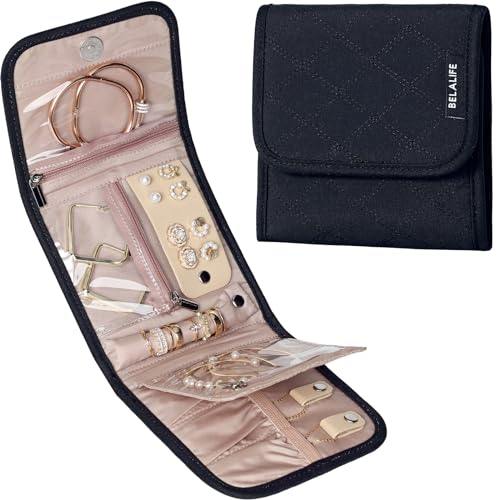 BELALIFE Travel Jewelry Case, Jewelry Organizer Roll for Accessories | Bag with foldable roll design for earrings, necklaces, rings, bracelets and brooches, Black - color: Black, size: Small