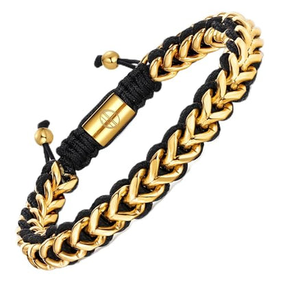 18K Gold-Plated Bracelets for Men Franco Link Chain Adjustable | Stainless Steel Bracelet, Gold Beads Bracelet, Handcrafted Braided, Mens Jewelry Birthday Gift for Men - color: Golden Yellow
