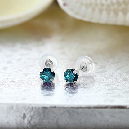 Gem Stone King 14K Gold Gemstone Birthstone Stud Earrings For Women Men | 4MM Round Cut | Solitaire Gold Studs with Secure Backs | Fine Jewelry for Her Him Mom Dad Wife - color: Blue Diamond-April