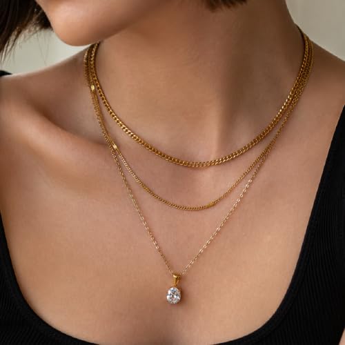 Layered Gold Necklaces for Women,18K Plated Gold Zirconia Necklace | Non Tarnish Trendy Jewelry Gift Cuban Chain Choker - color: color-2