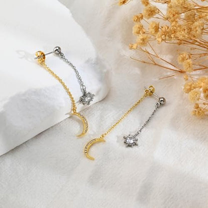 Moon and Star Dangle Earrings | Chain Tassel with Cubic Zirconia Drop Front and Back Earrings Celestial Jewelry for Wedding Gift - color: Silver and Gold