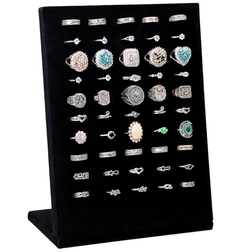 Ring Display Stand, Velvet Ring Holder, 50 Slots Rings Organizer Jewelry Display Tray, L-Shaped Jewelry Organizer Stand for Rings Earrings Selling (1, Black) - color: Black