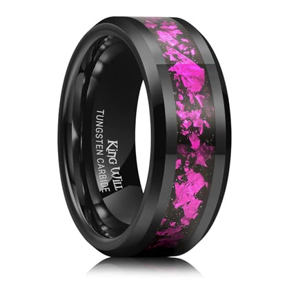 King Will Mens Wedding Band with Foils Inlay, Black/Silver/Gold | Black, 6mm/8mm, Beveled Edge, Comfort Fit, Glowstone Ring, Everyday Wear - color: Black&Purple-8mm