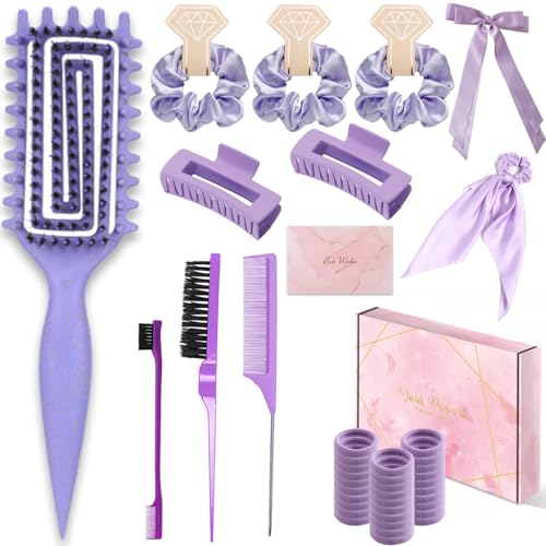 Curly Hair Brush,Curl Defining Brush,Slick Back Hair Brush,Rat Tail Comb,Edge Bristle Brush,Clip Claw,Bow,Satin Scrunchies,No Damage Hair Ties,Scarf Hair Ties,Gifts For Women,Best Gift Set(Purple) - color: Exquisite gift box（Purple)