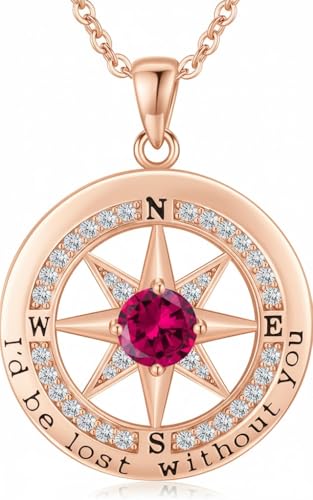 Compass Necklace for Women Wife Girlfriend Mom Daughter Gifts | S925 Silver Jewelry For Anniversary 18K Rose Gold Gifts For Birthday Christmas Mothers Valentines Day 12 Birthstones - style: 07-July-Rose Gold