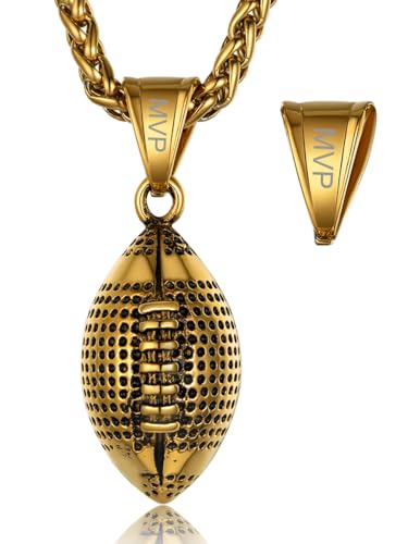 GOLDCHIC JEWELRY Sport Necklaces for Men Teen, Football Baseball Soccer Basketball Softball Necklaces with Stainless Steel Chain Athlete Jewelry Sports Fan Gift - color: American Football Pendant-Gold, style: Personalised Engraving