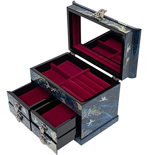 February Mountain Mother of Pearl Wooden Jewelry Organizer Box – Jewelry Storage Box for Women, Features Spacious Drawers, Ideal for Rings, Bracelets, Watches, Chains, Accessories (Crane_Blue) - style: Crane_Blue
