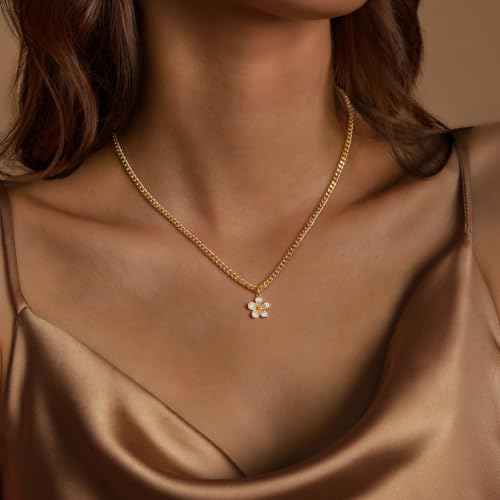 IMBOS 14K Gold Plated Chunky Chain Choker Necklaces for Women Chunky Gold Necklace Tennis Necklace for Women CZ Love Chain Cuban Link Choker Jewelry Gifts - color: Gold-Flower