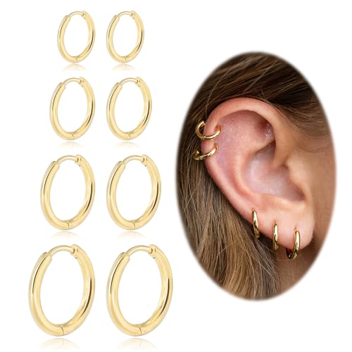 Small Hoop Earrings for Women Men Girls 14k Real Gold Plated Thin Gold Huggie Hoops Set for Cartilage Helix Hypoallergenic Surgical Stainless Steel 6/8/10/12mm - color: Gold, style: Regular-2.0mm