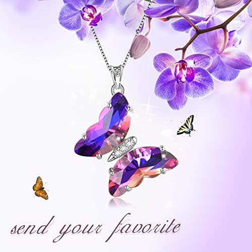 Aurora Tears Butterfly Necklace Earrings Ring Bracelet - Women 925 Sterling Silver Animal Butterflies Birthstone Pendant Crystal Wedding Birthday Jewelry - color: pendant-B.February