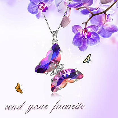 Aurora Tears Butterfly Necklace Earrings Ring Bracelet - Women 925 Sterling Silver Animal Butterflies Birthstone Pendant Crystal Wedding Birthday Jewelry - color: pendant-B.February
