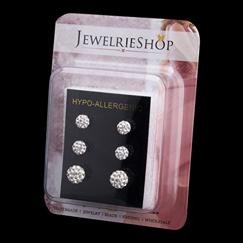 JewelrieShop Rhinestones Crystal Ball Stud Earrings Set Fireball Disco Ball Pave Bead Earrings Hypoallergenic for Women - color: Set Q. 6mm x 2 Pairs + 8mm x 1 Pair (White)