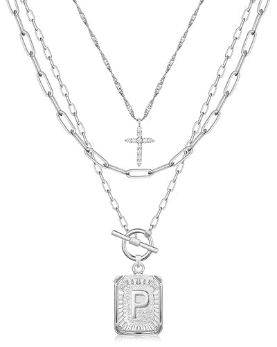 MJartoria Layered Initial Necklaces for Women Trendy, 14K Gold Plated Brass Simple Dainty Cross Choker Square Letter Pendant Necklace, Paperclip Chain Necklaces Jewelry - color: Silvery, style: P