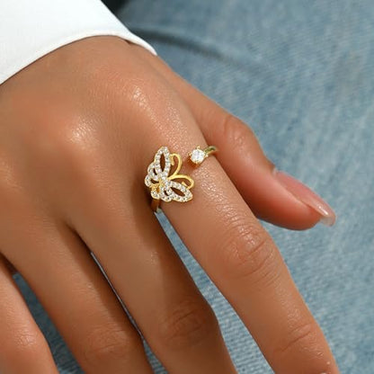 Adjustable Rings for Women 18K Gold Plated daisy Flower Butterfly Ball Cubic Zirconia Rings Dainty Open Stacking Ring - color: Butterfly-Gold