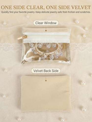 Hacaroa Large Travel Jewelry Case with 12 Velvet Pouches, 8.3 x 4.5 x 3.5 inches Jewelry Storage Organizer Box PU Leather, Clear Necklace Earrings Rings Bags for Women Wedding Gifts, Cream White
