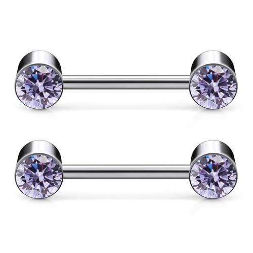 14G ASTM F136 Titanium Nipple Piercing Jewelry Round CZ Nipple Barbell Jewelry Internally Threaded G23 Solid Titanium Nipple Piercing Barbell Ring Jewelry for Women Men 14 Gauge - style: Purple CZ