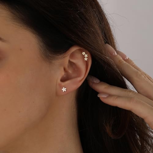 Stud Earring for Women, 14K Gold Silver Plated Hypoallergenic Studs Set | Trendy Cartilage Tragus Helix Clover Flower Earring Stack for Multiple Piercing, Dainty Cute Small Jewelry Gift, Non Tarnish - style: GD-Five-petal Flower