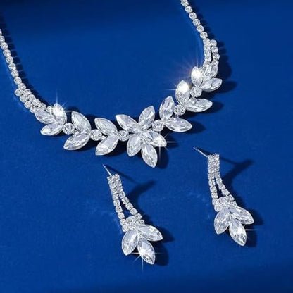 Elegant Rhinestone Flower Bridal Jewelry Set for Women Sparkling Crystal Cubic Zirconia Floral Leaf Adjustable Chain Choker Necklace Drop Dangle Earrings Set Wedding Prom Party Fashion Jewelry